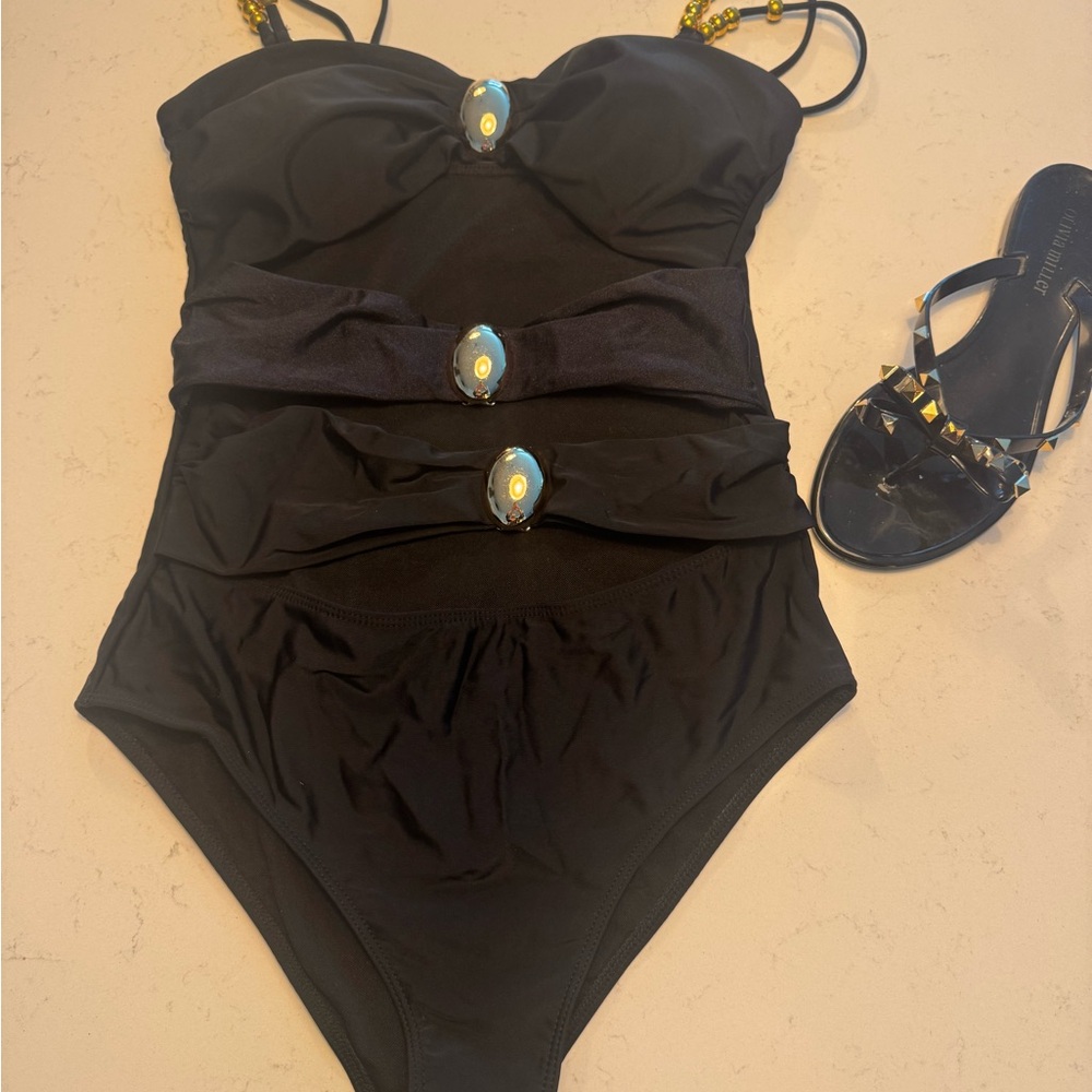 Black One-Piece Swimsuit with Gold Accents and cutouts - Picture 5 of 10